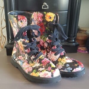 Youth Floral Print Lace-Up Combat Boots